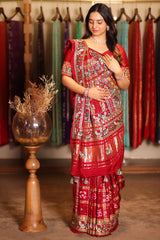 Maroon Gaji Silk Traditional Gharchola Saree with Embroidery and Peacock and Elephant Motif