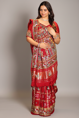 Maroon Gaji Silk Traditional Gharchola Saree with Embroidery and Peacock and Elephant Motif