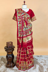Maroon Gaji Silk Traditional Checks Gharchola Saree with Embroidery