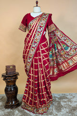 Maroon Gaji Silk Traditional Checks Gharchola Saree with Heavy Embroidered Pallu