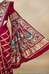 Maroon Gaji Silk Traditional Checks Gharchola Saree with Heavy Embroidered Pallu