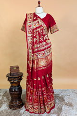 Maroon Gaji Silk Traditional Bandhej Checks Gharchola Saree with Embroidery and Peacock Motif
