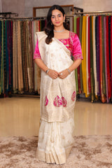 Pearl Whtie Dola Silk Woven Saree with Bead Cutdana Work and Readymade Blouse