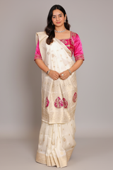 Pearl Whtie Dola Silk Woven Saree with Bead Cutdana Work and Readymade Blouse