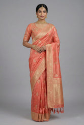 Peach Tissue Silk Woven Saree with Handwork Readymade Blouse