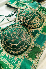 Green Dola Silk Saree with Full Sleeved Readymade Handworked Blouse