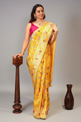 Yellow Banarasi Silk Real Zari Kadva Woven Saree