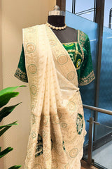 Off White Dola Silk Woven Saree with Beads Zardosi Work and Readymade Blouse