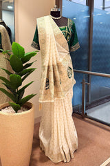 Off White Dola Silk Woven Saree with Beads Zardosi Work and Readymade Blouse