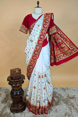 Pearl White Gaji Silk Bridal Panetar Saree with Embroidery