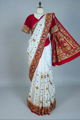 Pearl White Gaji Silk Bridal Panetar Saree with Embroidery