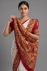 Pearl White Gaji Silk Bridal Panetar Saree with Embroidery