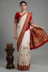 Pearl White Gaji Silk Bridal Panetar Saree with Embroidery