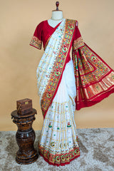 Pearl White Gaji Silk Bridal Panetar Saree with Embroidery