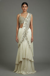 Pearl White Imported Layered Fish Cut Pre Draped Lehenga Saree