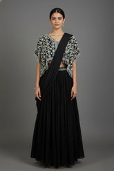 Black Chinon Silk Pre Drape Lehenga Saree with Sequin Cutdana Worked Poncho Cape