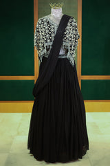 Black Chinon Silk Pre Drape Lehenga Saree with Sequin Cutdana Worked Poncho Cape