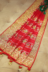 Green and Red Silk Traditional Patola Saree with Zardosi and Beads Work