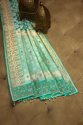 Sea Green Banarasi Silk Traditional Floral Woven Saree with Gota Beads Work