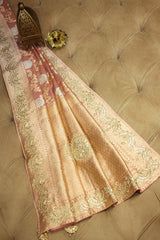 Dusty Peach Banarasi Silk Floral Woven Saree with Gota and Beads Work