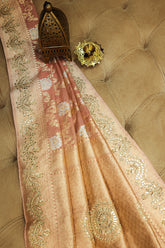 Dusty Peach Banarasi Silk Floral Woven Saree with Gota and Beads Work