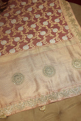 Dusty Peach Banarasi Silk Floral Woven Saree with Gota and Beads Work