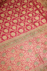 Rose Pink Banarasi Silk Traditional Floral Woven Saree with Beads and Zardosi Work