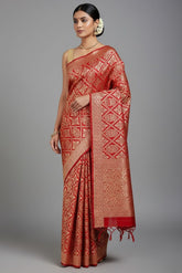 Red Banarasi Silk Traditional Checks Woven Saree
