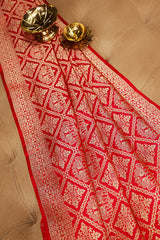 Red Banarasi Silk Traditional Checks Woven Saree
