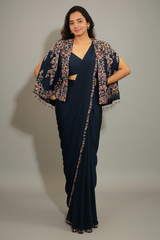Navy Blue Crepe Silk Readymade Saree with Sequin Beaded Cape Jacket
