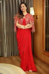 Red Crepe Silk Readymade Saree with Cape Jacket