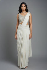 Off White Imported Lycra Readymade Saree with Cutdana and Diamond Work