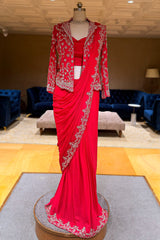 Red Chiffon Chinon Zardosi and Cutdana Worked Readymade Saree with Jacket