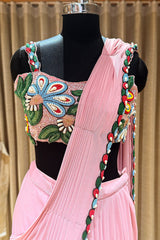 Pink Lycra Net Readymade Saree with Beaded and Cutdana Work