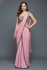 Pink Lycra Net Readymade Saree with Beaded and Cutdana Work