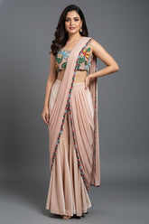Light Peach Shiny Silk Sharara Style Readymade Saree with Cutdana and Beaded Work