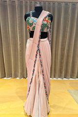Light Peach Shiny Silk Sharara Style Readymade Saree with Cutdana and Beaded Work