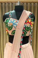 Light Peach Shiny Silk Sharara Style Readymade Saree with Cutdana and Beaded Work