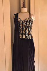 Black Satin Crepe Readymade Saree with Embroidered Sequin Corset