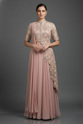 Pink Silk Mirror Cutdana Worked Pre Draped Saree with Asymmetrical Blouse