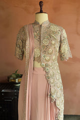 Pink Silk Mirror Cutdana Worked Pre Draped Saree with Asymmetrical Blouse