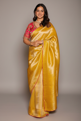 Golden Tissue Silk Woven Saree with Contrast Readymade Patola Blouse