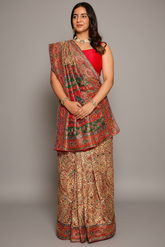 Cream and Multi Colored Pashmina Printed Dola Silk Saree with Cutdana Work