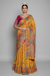 Yellow Dola Silk Pashmina Printed Saree with Cutdana Mirror and Pearl Work