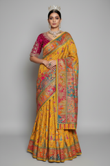 Yellow Dola Silk Pashmina Printed Saree with Cutdana Mirror and Pearl Work