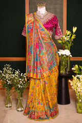 Yellow Dola Silk Pashmina Printed Saree with Cutdana Mirror and Pearl Work