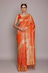 Rust Orange Kanchipuram Tissue Traditional Woven Saree with Zardosi and Cutdana Work