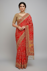 Red Gaji Silk Bandhej Traditional Saree with Handwork and Beaded Frindges Lace