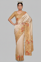 Off White Tissue Saree with Contrast Floral Embroidery and Sequin Beaded Work Border