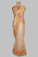 Off White Tissue Saree with Contrast Floral Embroidery and Sequin Beaded Work Border